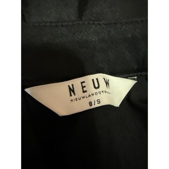 NEUW Black Silk Satin Long Sleeve Mock Neck Cutout Ruffle Mini Shift Dress Sz S - Picture 3 of 4